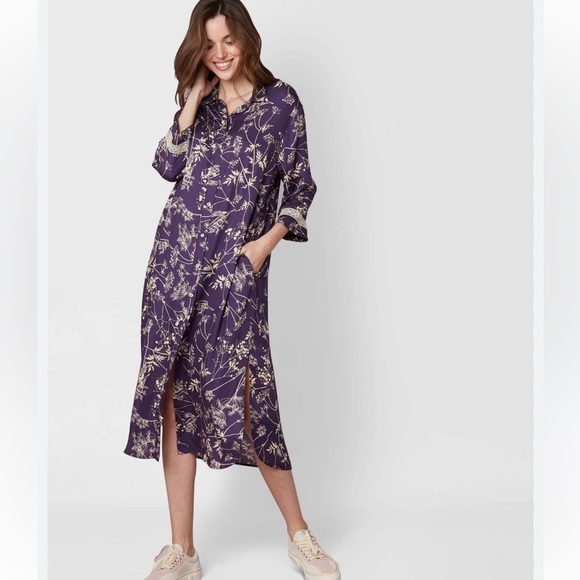Le Chat Shirt Style Midi Length Button Front Viscose Purple Print Dress Size 4 - Picture 1 of 10